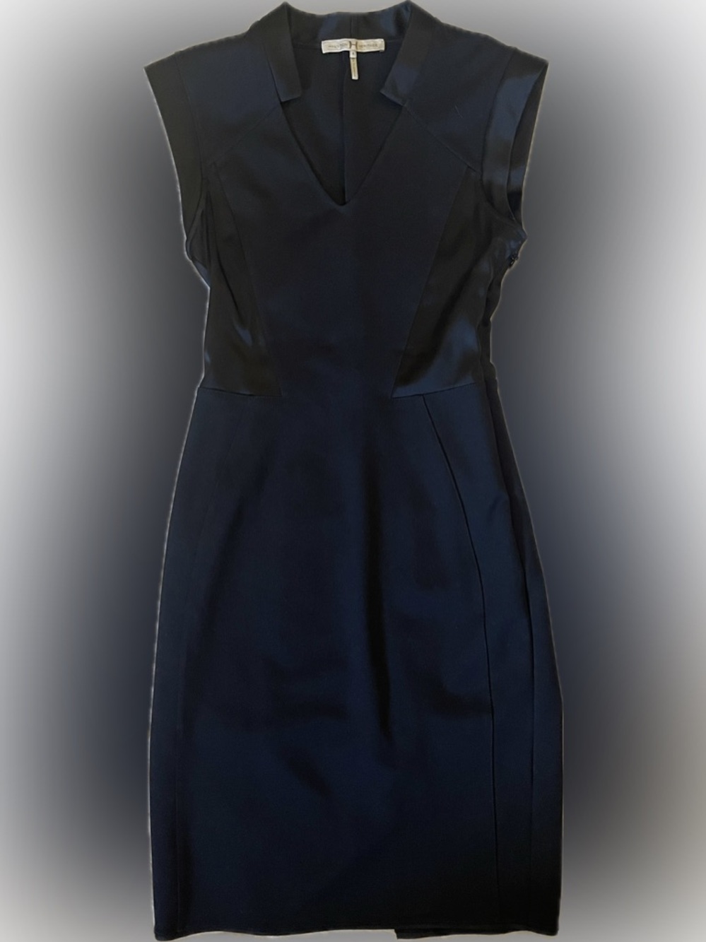 Halston Heritage Black Midi Sheath Dress with Notch Neck